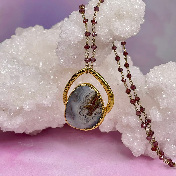 Crazy Lace Agate on a Garnet Chain
