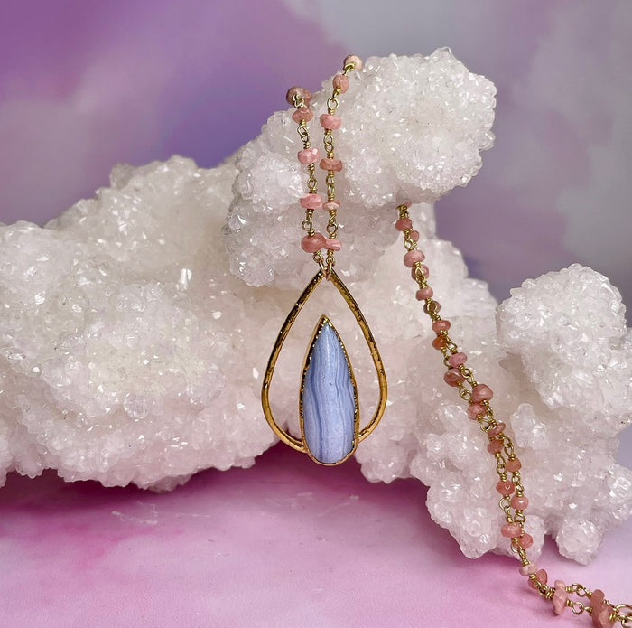 Blue Lace Agate Pendant on a Pink Opal Chain