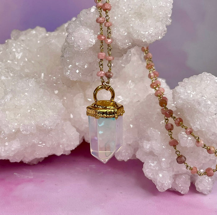 Angel Aura Quartz Pendant on Pink Opal Chain