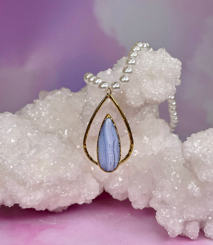 Blue Lace Agate Pendant on a Faux Pearl Chain