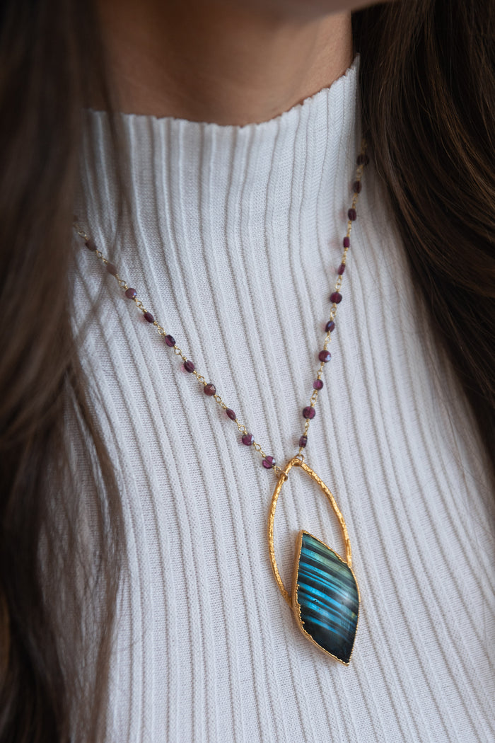 Oracle Collection: Labradorite Flow Marquise on a 24" Garnet Chain
