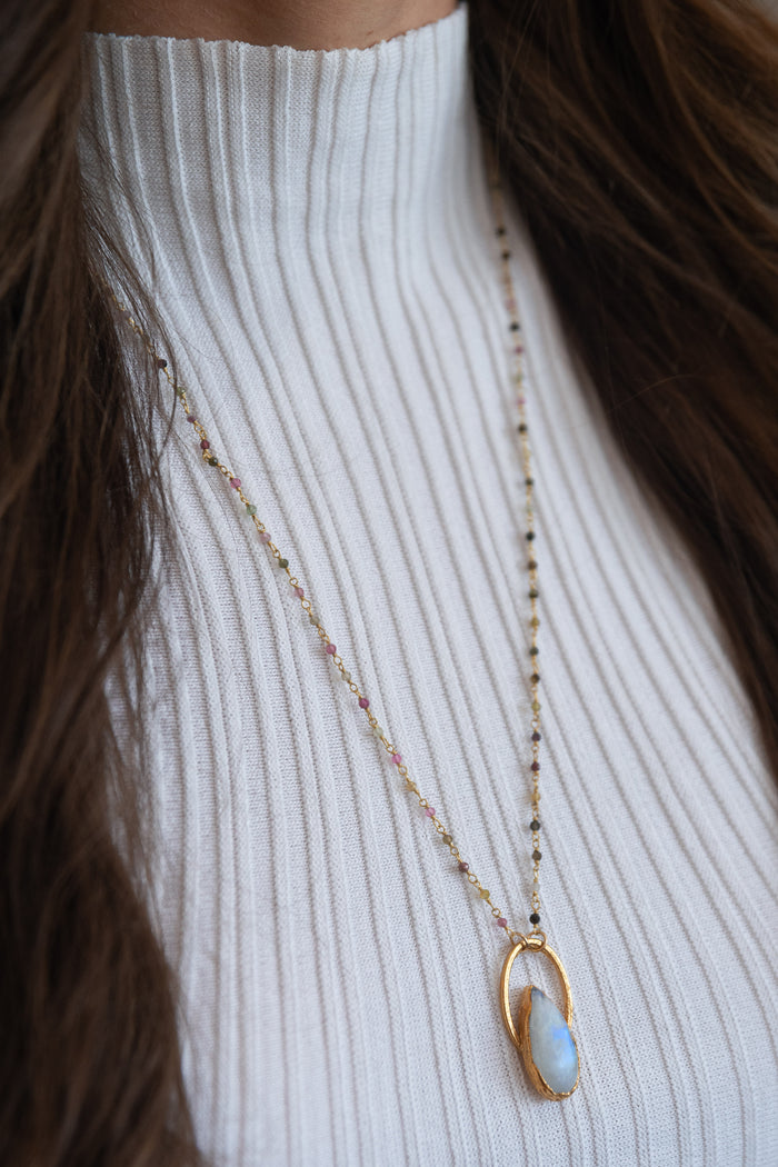 Oracle Collection: Moonstone Teardrop on a 26" Rainbow Tourmaline Chain