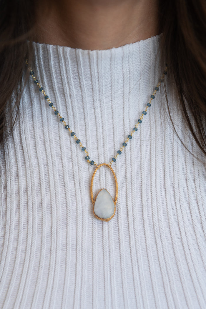 Oracle Collection: Moonstone Teardrop on a 20" Blue Topaz Chain