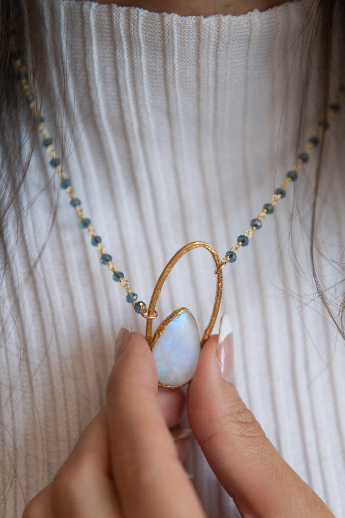 Oracle Collection: Moonstone Teardrop on a 20" Blue Topaz Chain