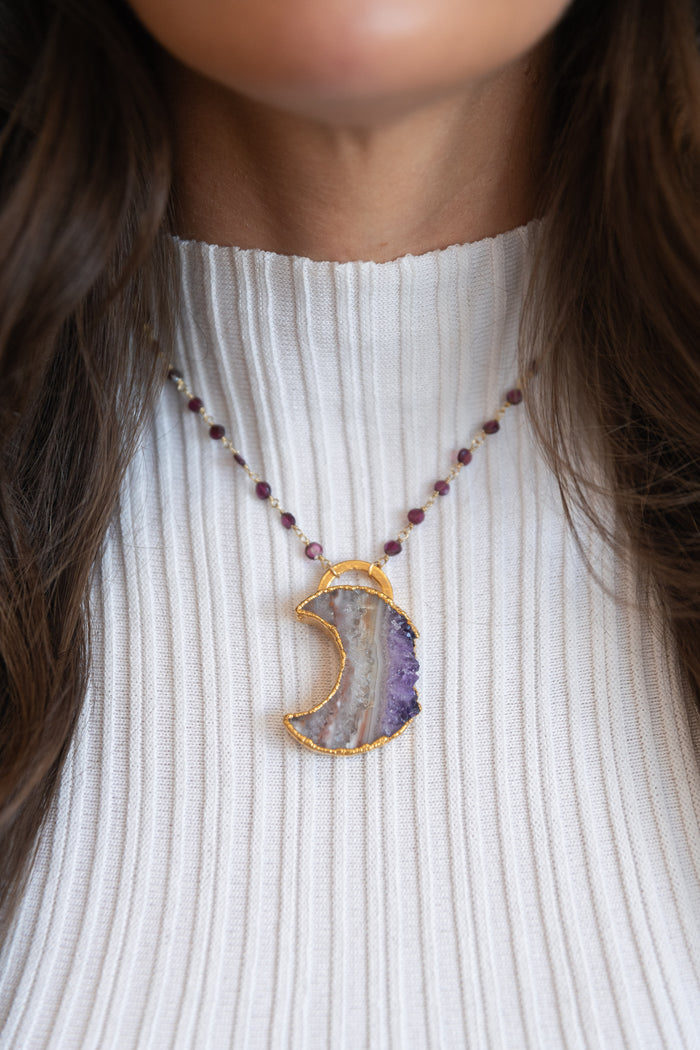 Oracle Collection: Amethyst Moon on an 18" Garnet Chain