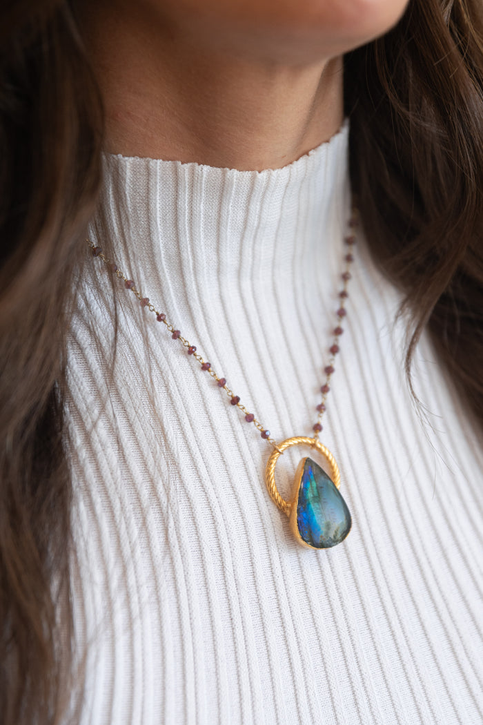 Oracle Collection: Labradorite Teardrop on a 20" Garnet Chain
