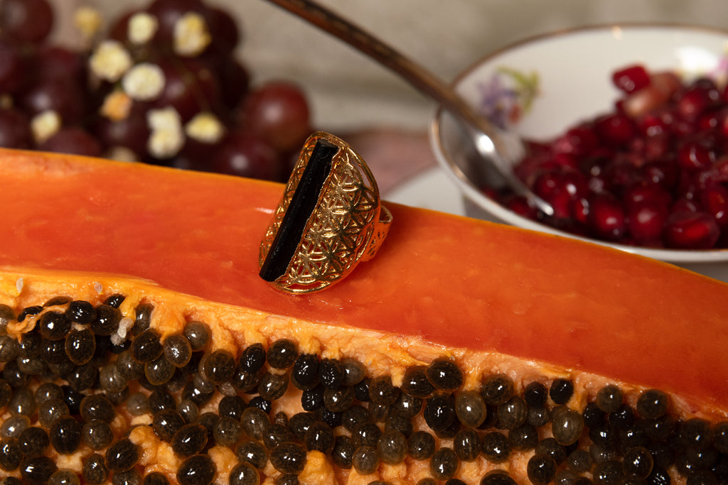 Black Tourmaline Flower of Life Empress Ring