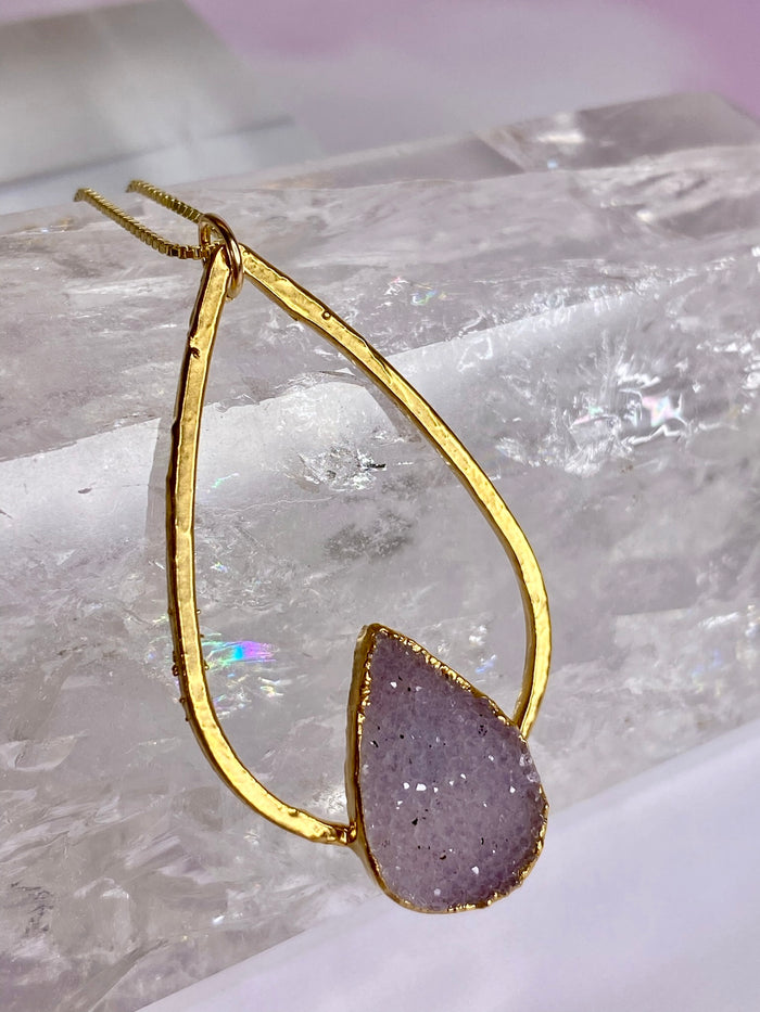 Druzy Pink Amethyst Pendant on 18" Gold Plated Chain