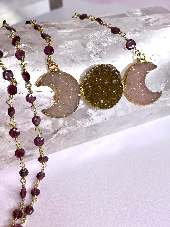 Druzy Pink Amethyst Sun & Moon Pendant on 22" Faceted Garnet Chain