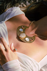 Crazy Lace Agate, Pearl, and Strawberry Quartz 24k Gold Chest Plate