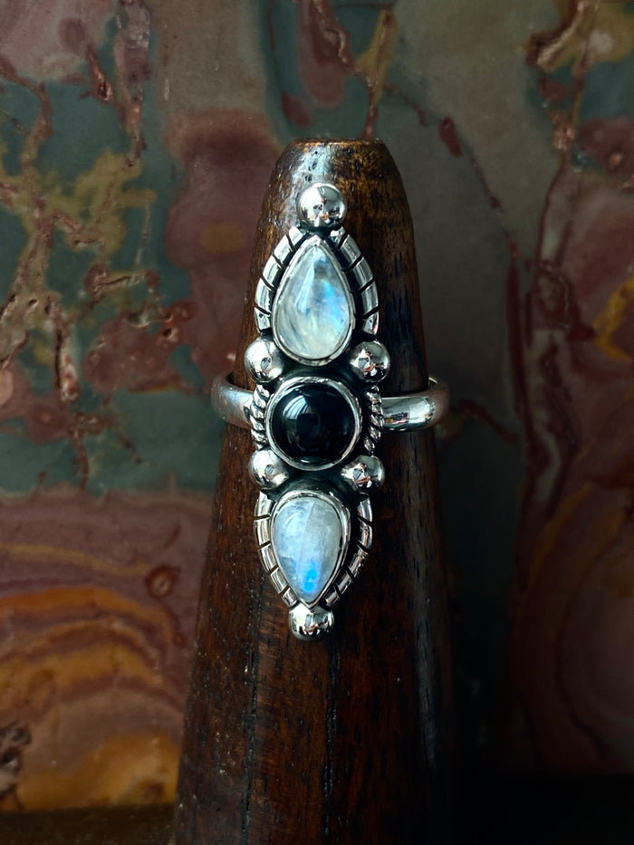 Moonstone & Black Onyx Sterling Silver Ring