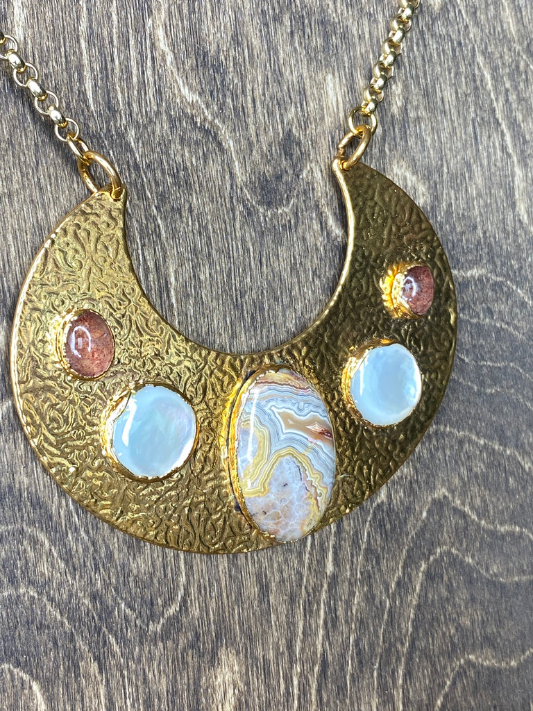 Crazy Lace Agate, Pearl, and Strawberry Quartz 24k Gold Chest Plate