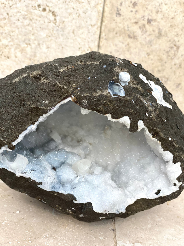Apophyllite Druzy Geode CAVE, Quartz, and Blue Druzy Chalcedony Specimen